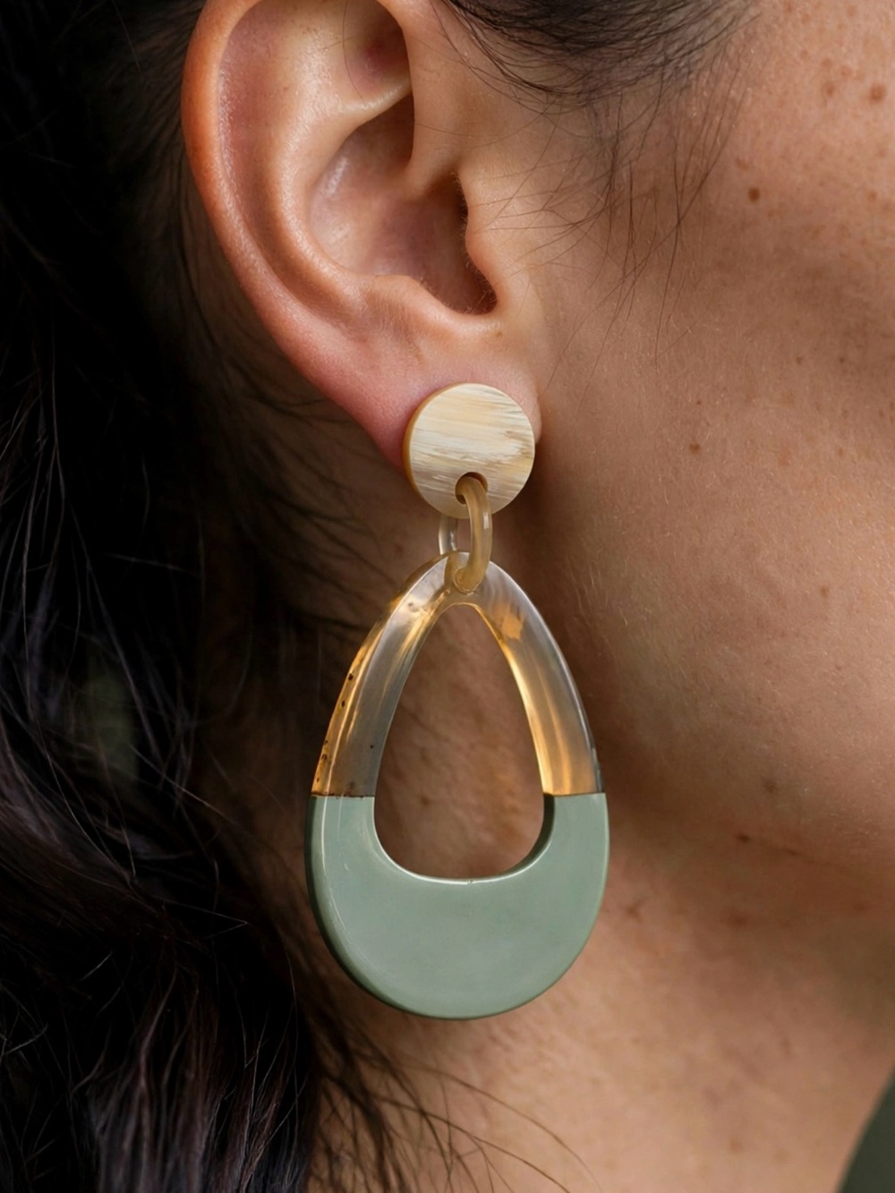New Amimi Handmade Horn Teardrop Earrings Sage Green Dipped S925 Posts Boho E151